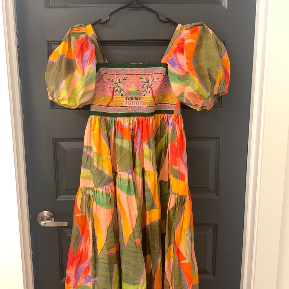 Farm Rio Garden Colorful Floral Beaded Puff Sleeve Tiered Dress